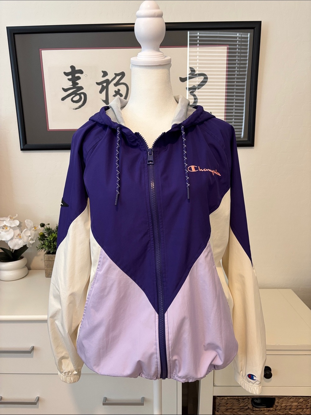 Champion Colorblock Hooded Windbreaker in Purple, Lavender & Cream